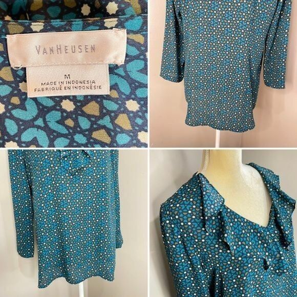 Van Heusen Women’s Top Blouse Size M Ruffle Neck Green 3/4 Sleeves - Picture 7 of 16